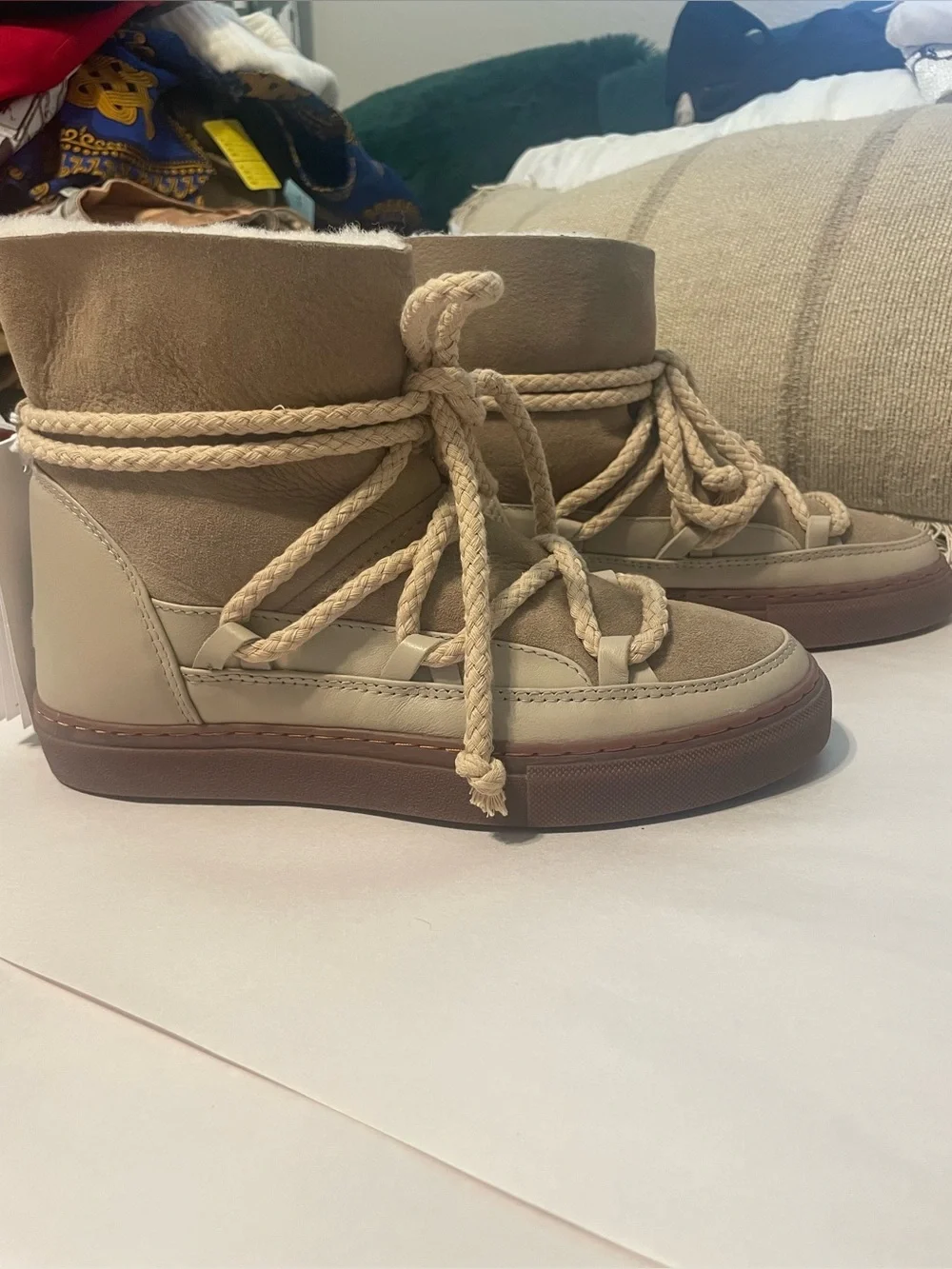 Inuikii Shearling Rope Lace Up Snow Boots NWT Beige Taupe Tan EU 38 US 7.5 8